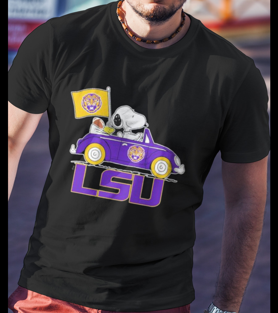 Snoopy And Woodstock Driving Purple LSU Car With Flag T-Shirt