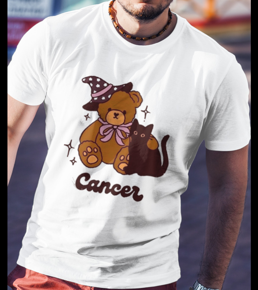 Cancer Teddy Bear With Witch Hat And Black Cat T-Shirt