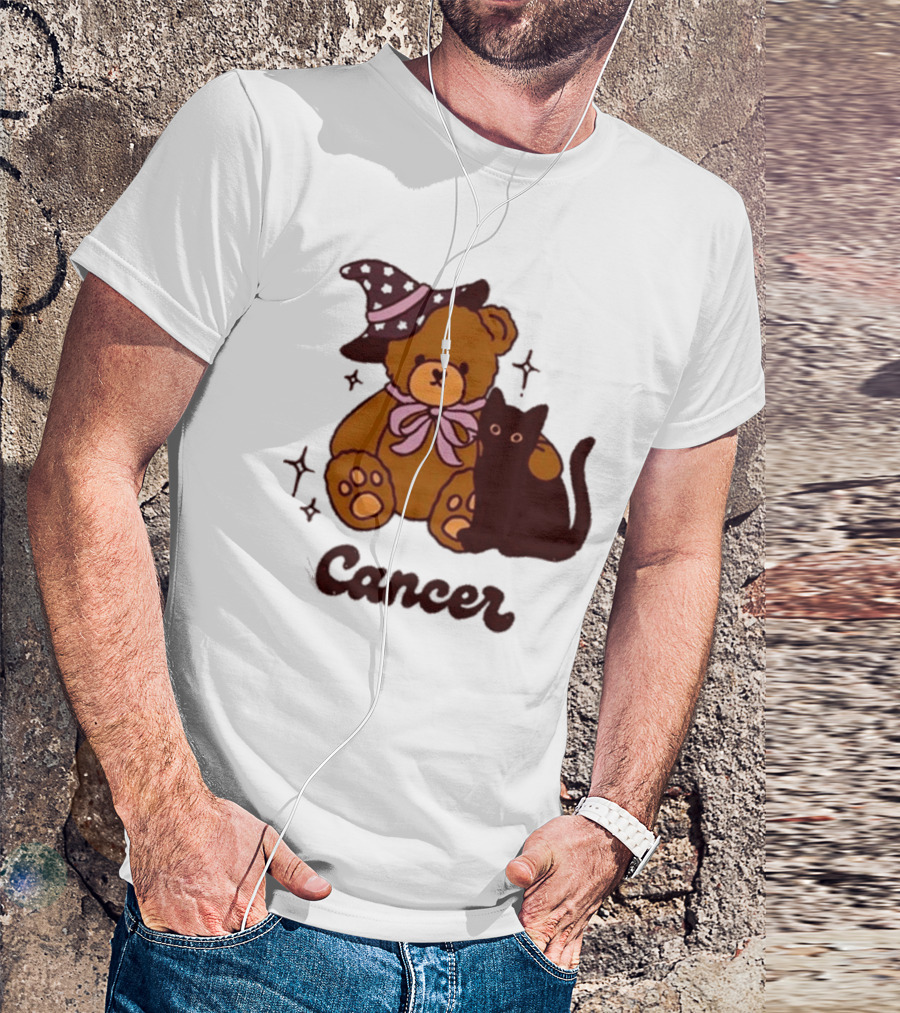 Cancer Teddy Bear With Witch Hat And Black Cat T-Shirt