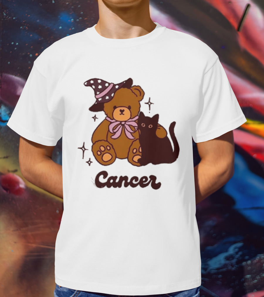 Cancer Teddy Bear With Witch Hat And Black Cat T-Shirt