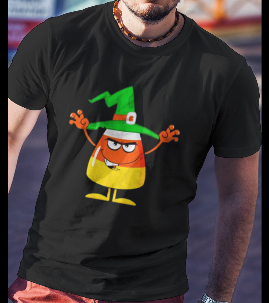 Candy Corn Witch Halloween Character With Green Hat T-Shirt