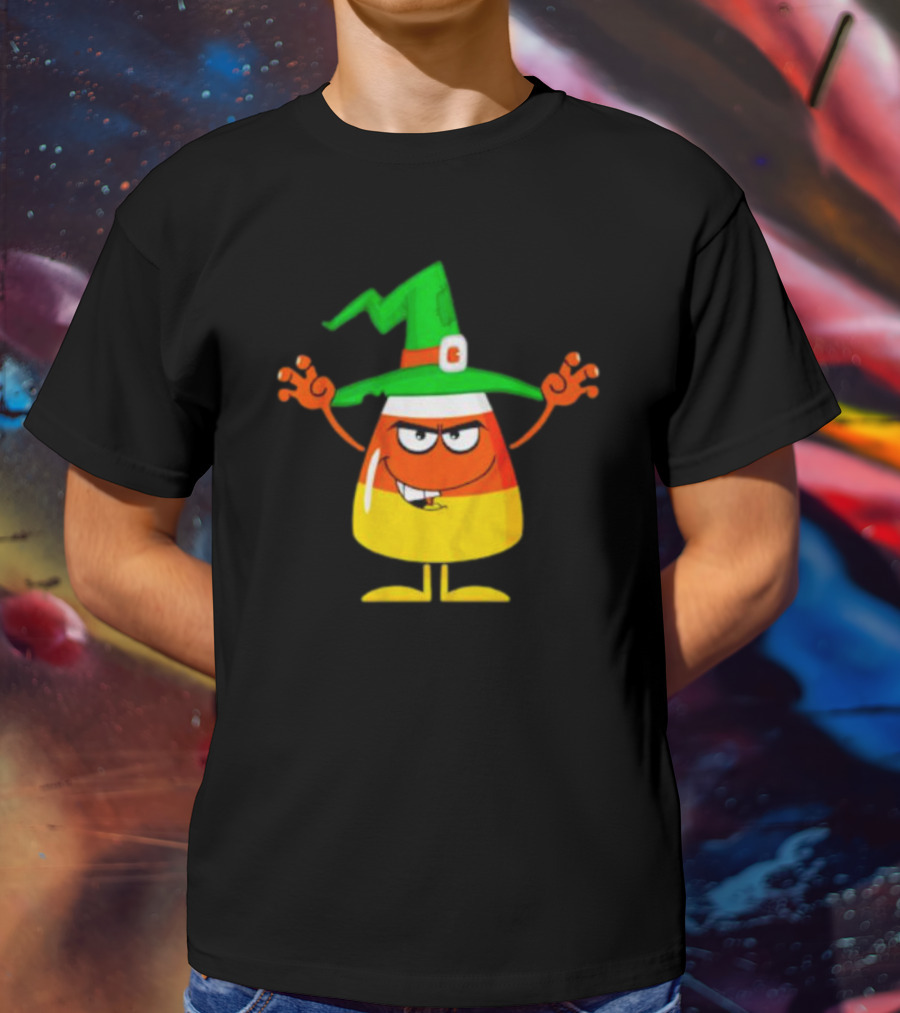 Candy Corn Witch Halloween Character With Green Hat T-Shirt