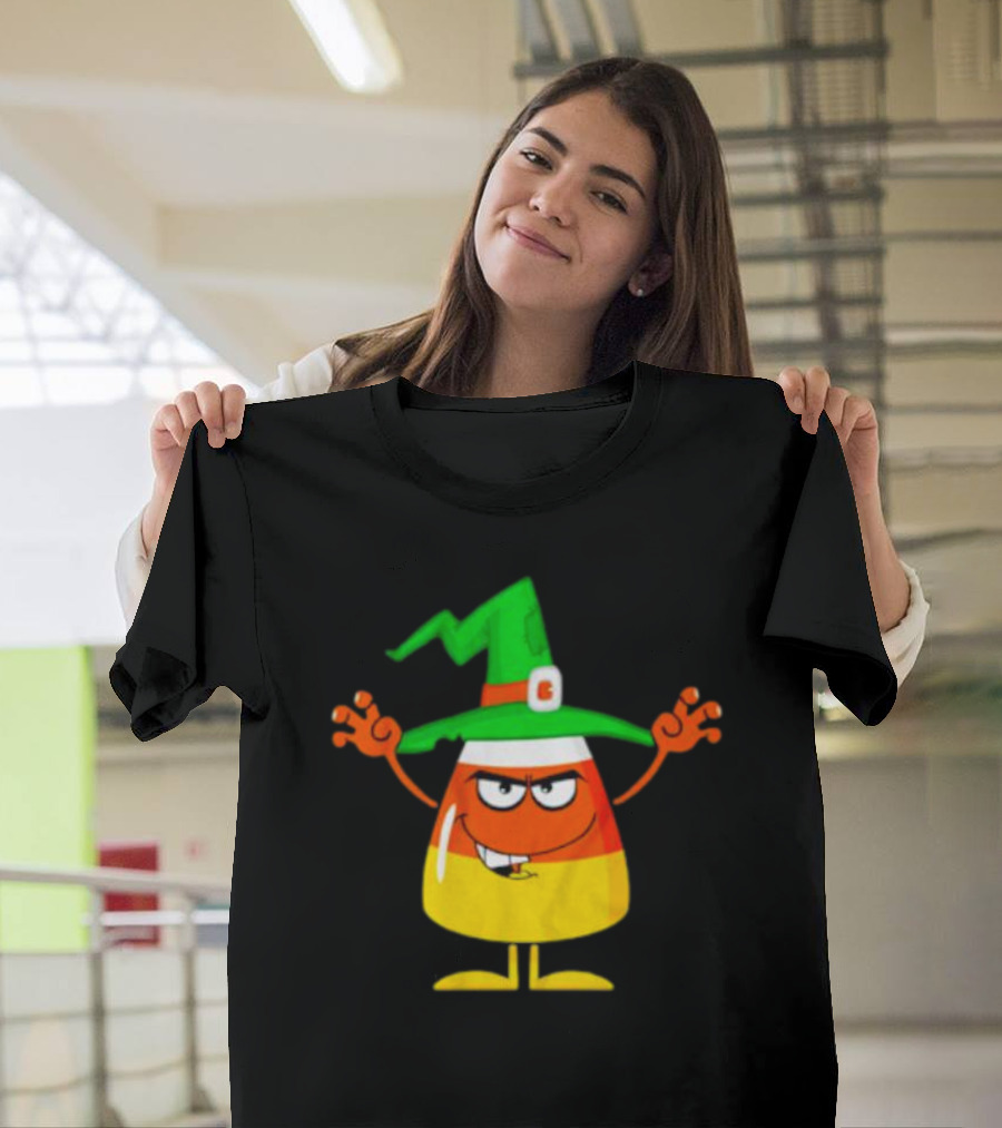 Candy Corn Witch Halloween Character With Green Hat T-Shirt