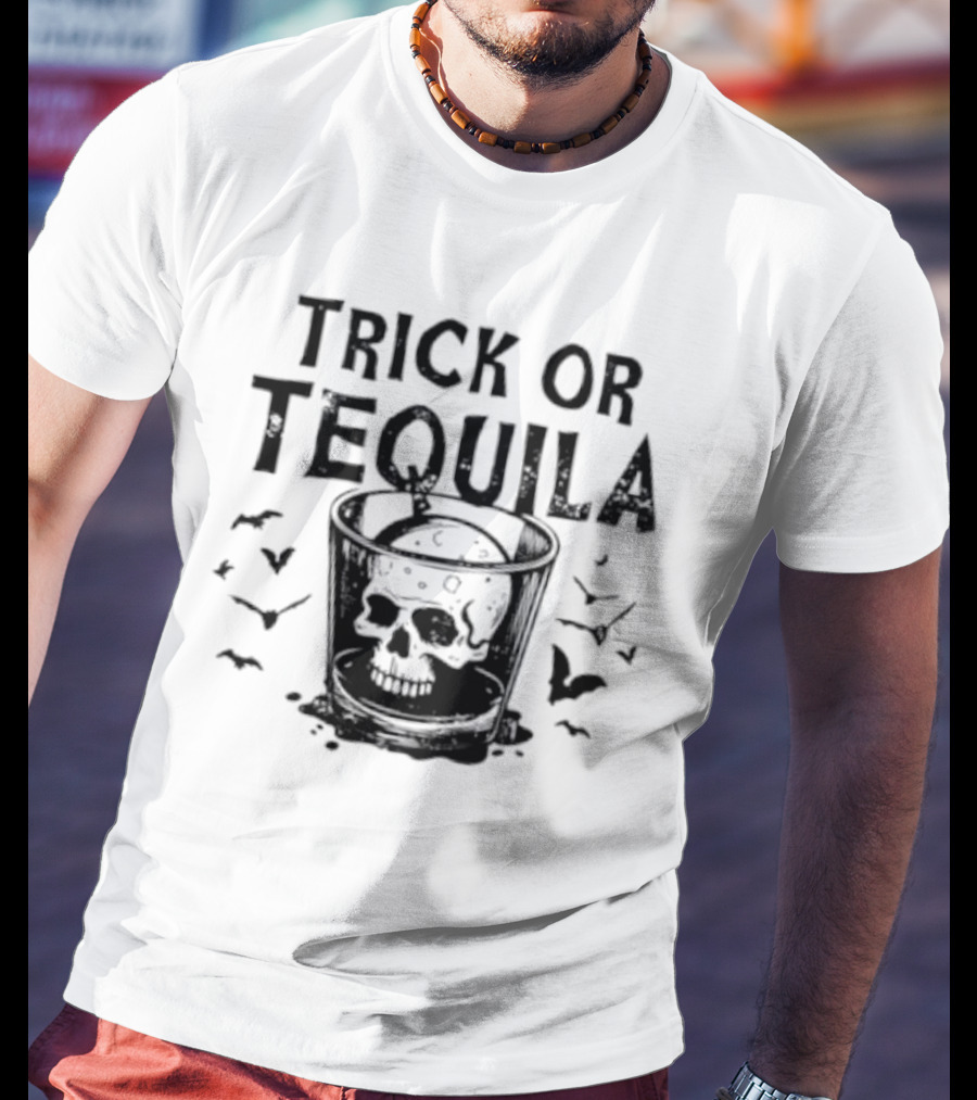 Trick Or Tequila Skull Glass With Bats T-Shirt