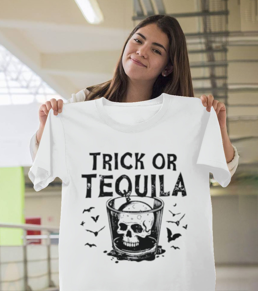 Trick Or Tequila Skull Glass With Bats T-Shirt
