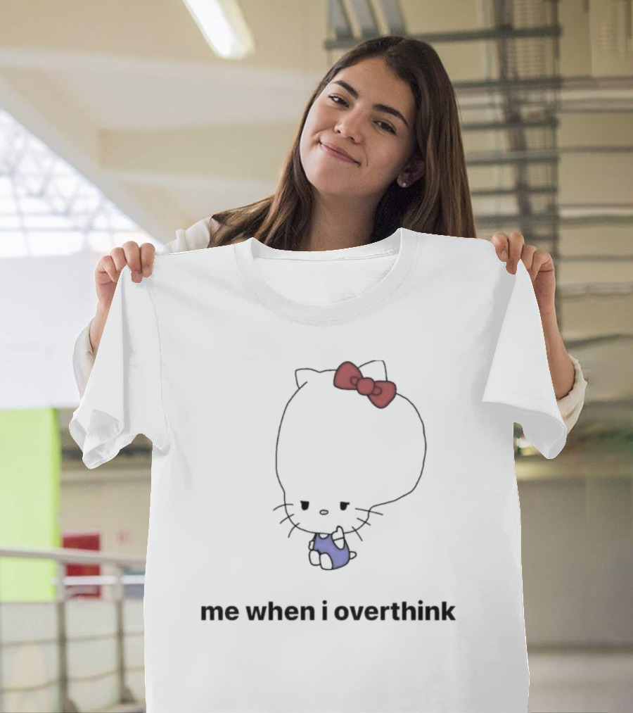 Me When I Overthink Kitty Red Bow Blue T-Shirt