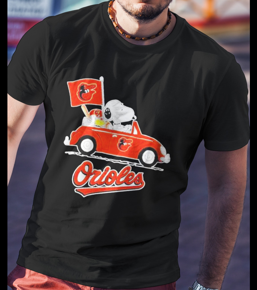 Snoopy Driving Red Car With Baltimore Orioles Flag And Orioles Text T-Shirt