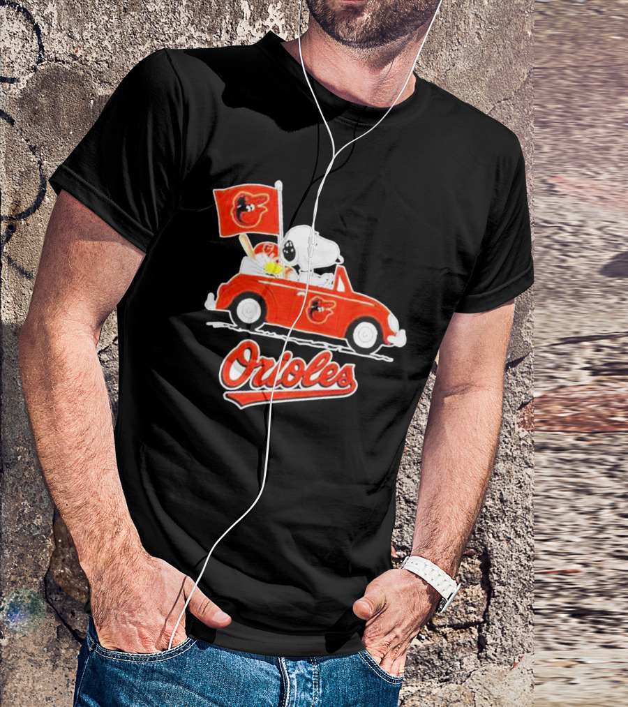 Snoopy Driving Red Car With Baltimore Orioles Flag And Orioles Text T-Shirt