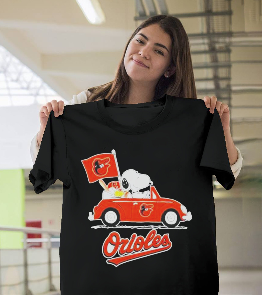 Snoopy Driving Red Car With Baltimore Orioles Flag And Orioles Text T-Shirt