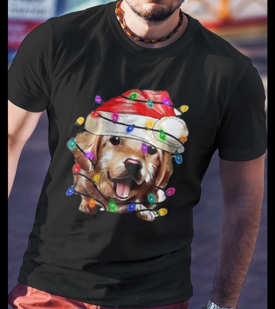 Christmas Lights Dog Lover Santa Hat Raglan T-Shirt