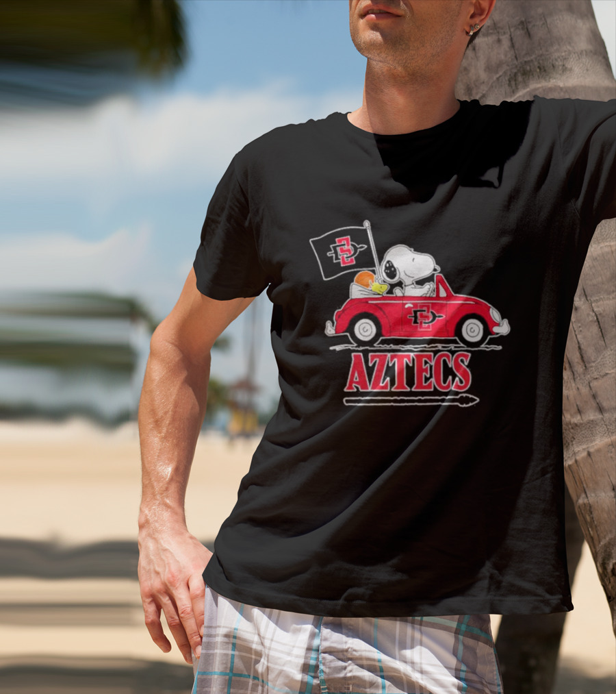 Snoopy And Woodstock Riding In Red Car With Aztecs Flag T-Shirt