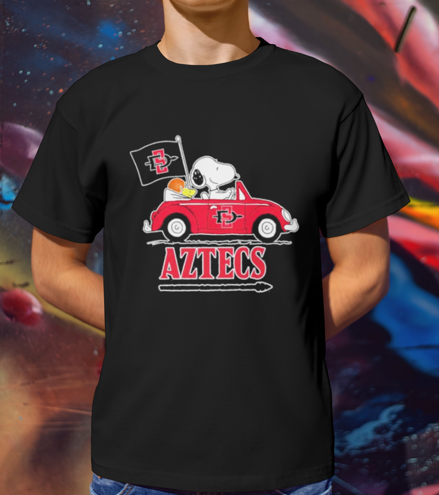 Snoopy And Woodstock Riding In Red Car With Aztecs Flag T-Shirt
