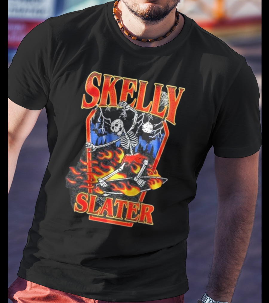 Skelly Slater Skeleton Skateboarding With Flames And Coffin Background T-Shirt