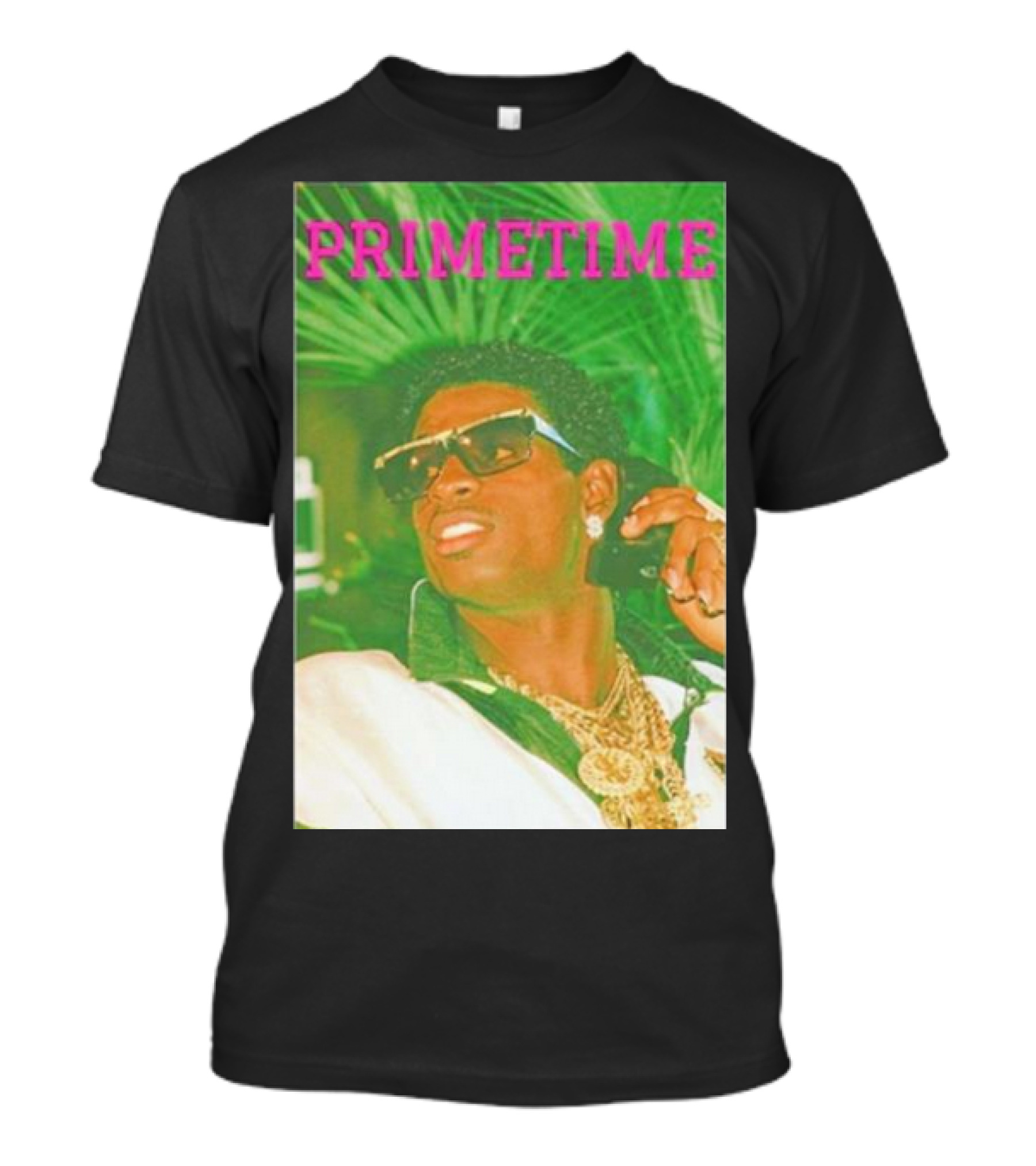 PRIMETIME Deion Sanders Sunglasses Gold Chains Retro Vibe T-Shirt