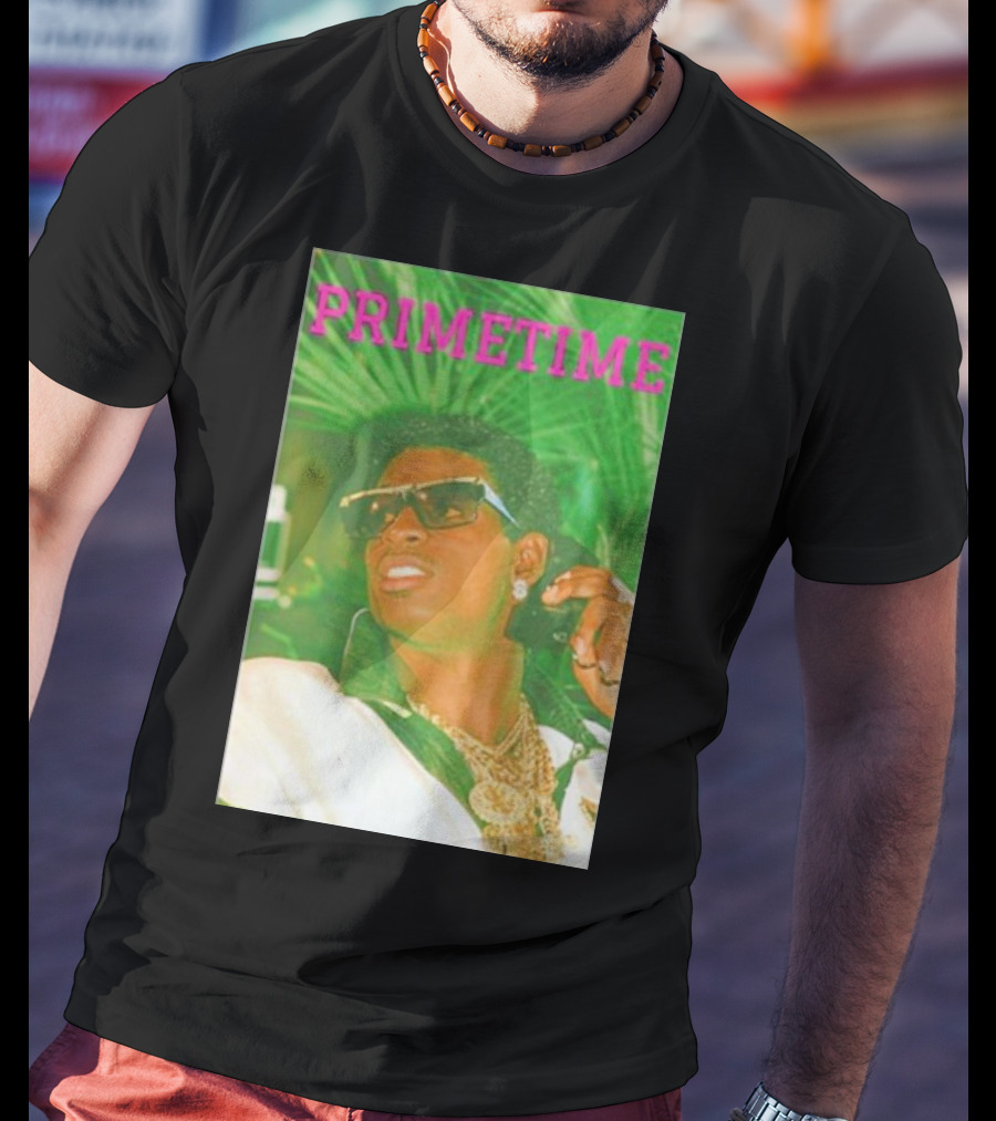 PRIMETIME Deion Sanders Sunglasses Gold Chains Retro Vibe T-Shirt