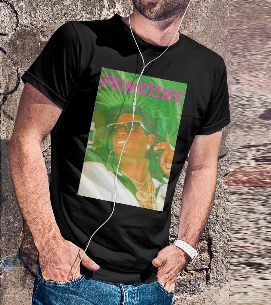 PRIMETIME Deion Sanders Sunglasses Gold Chains Retro Vibe T-Shirt