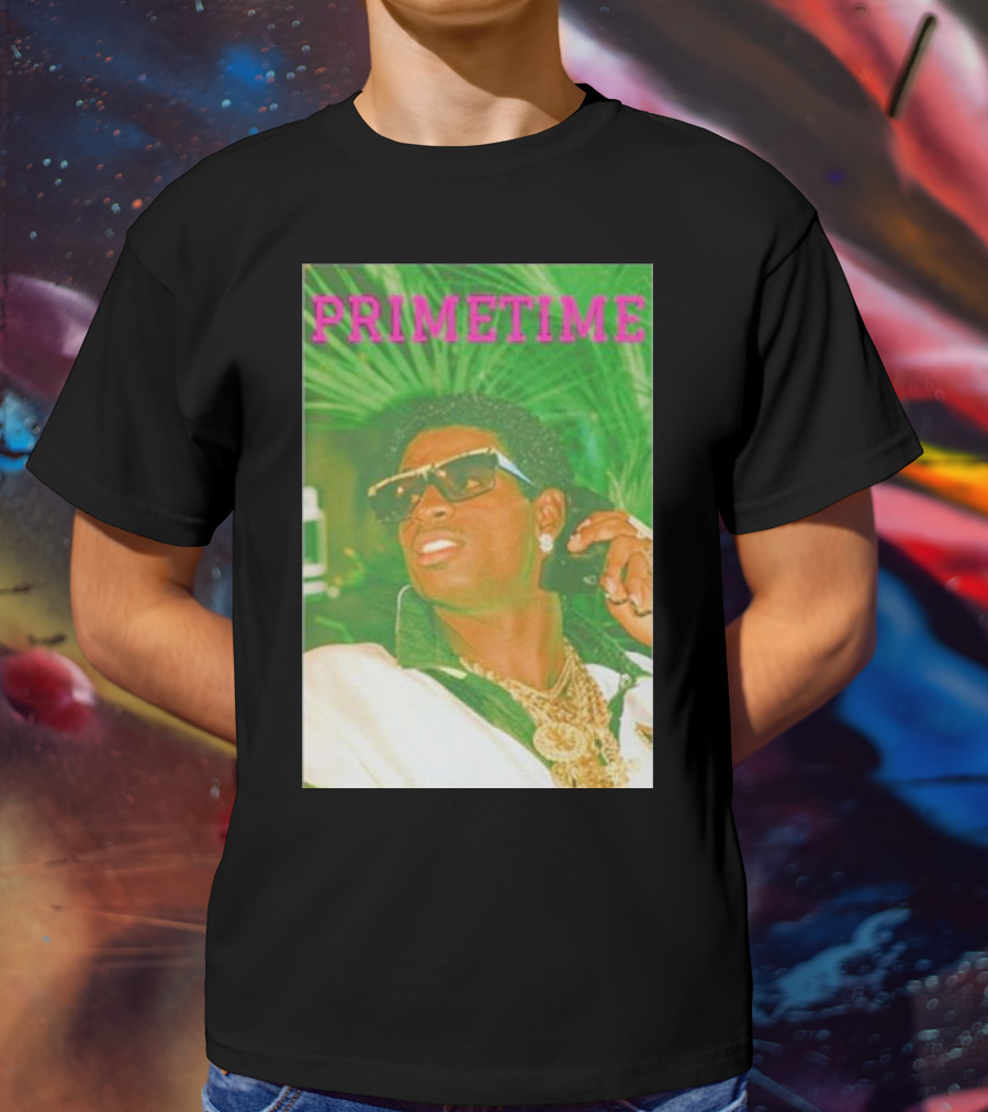 PRIMETIME Deion Sanders Sunglasses Gold Chains Retro Vibe T-Shirt