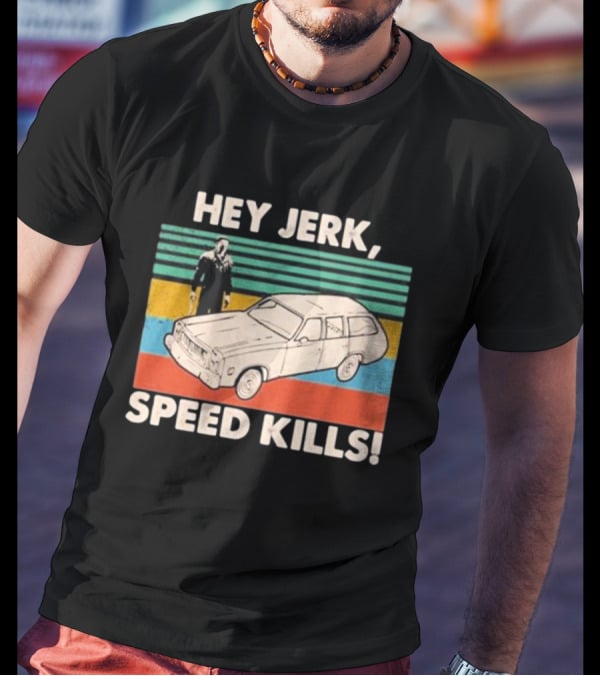 Hey Jerk, Speed Kills Vintage Car And Horror Character Retro Stripes T-Shirt