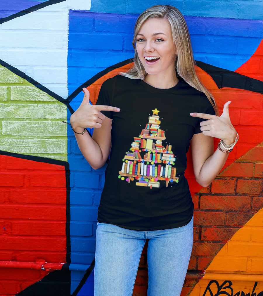 Christmas Tree Made Of Stacked Colorful Books With Star And Lights T-Shirt