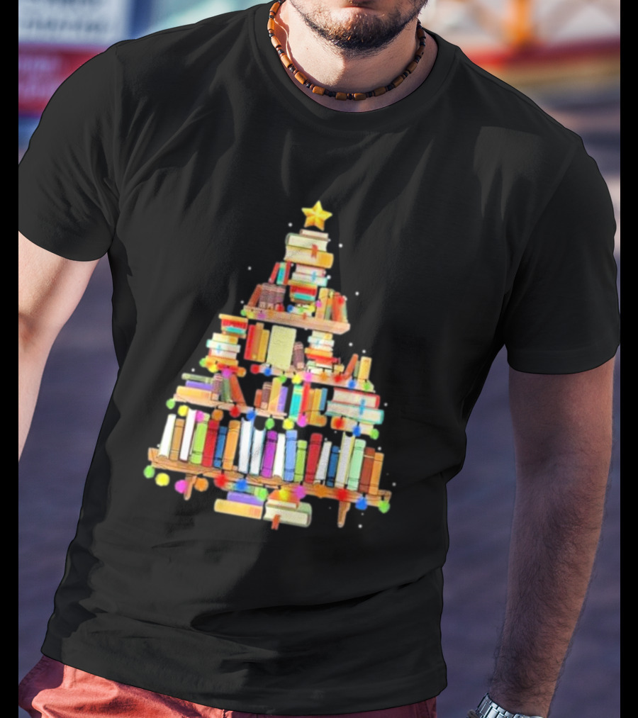 Christmas Tree Made Of Stacked Colorful Books With Star And Lights T-Shirt