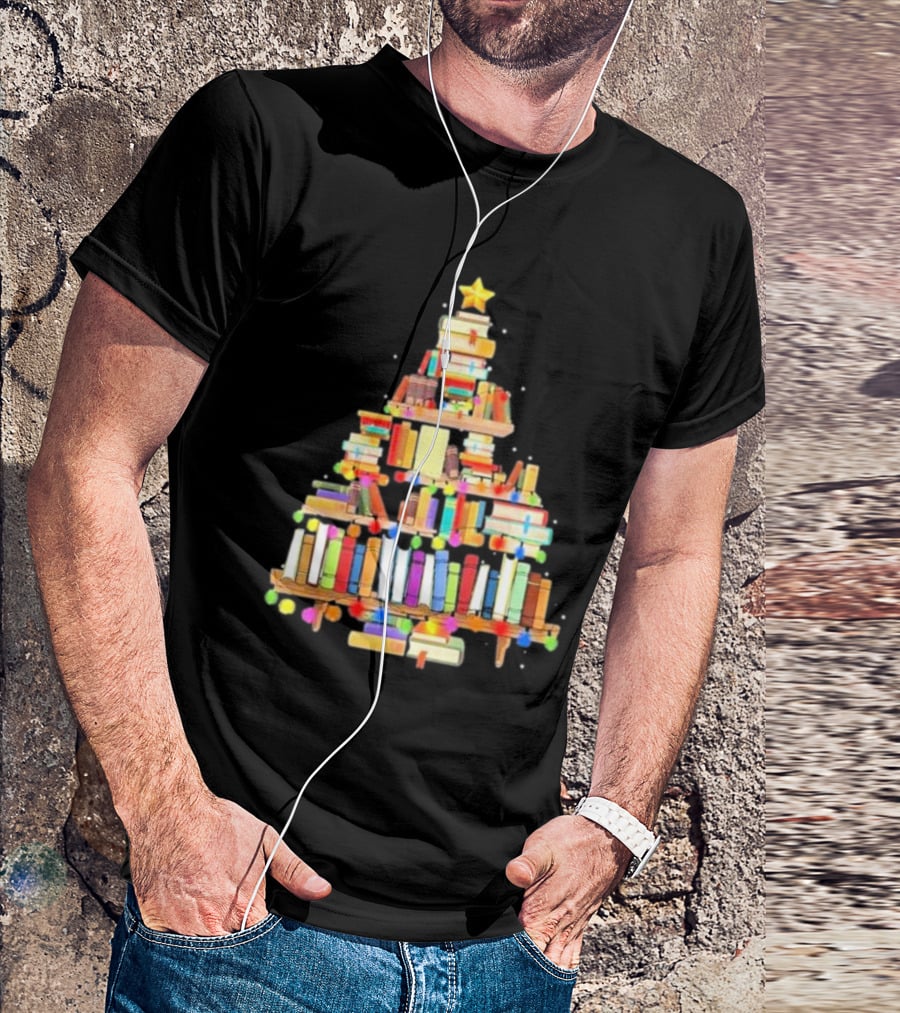 Christmas Tree Made Of Stacked Colorful Books With Star And Lights T-Shirt