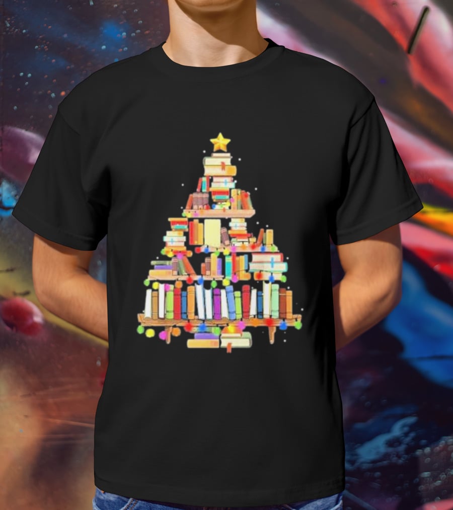 Christmas Tree Made Of Stacked Colorful Books With Star And Lights T-Shirt
