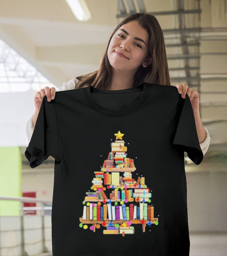 Christmas Tree Made Of Stacked Colorful Books With Star And Lights T-Shirt