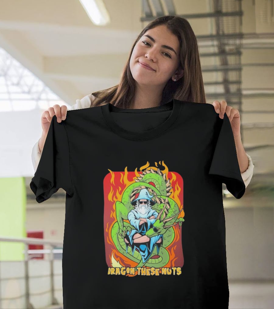 Dragon These Nuts Wizard With Green Dragon And Flames T-Shirt