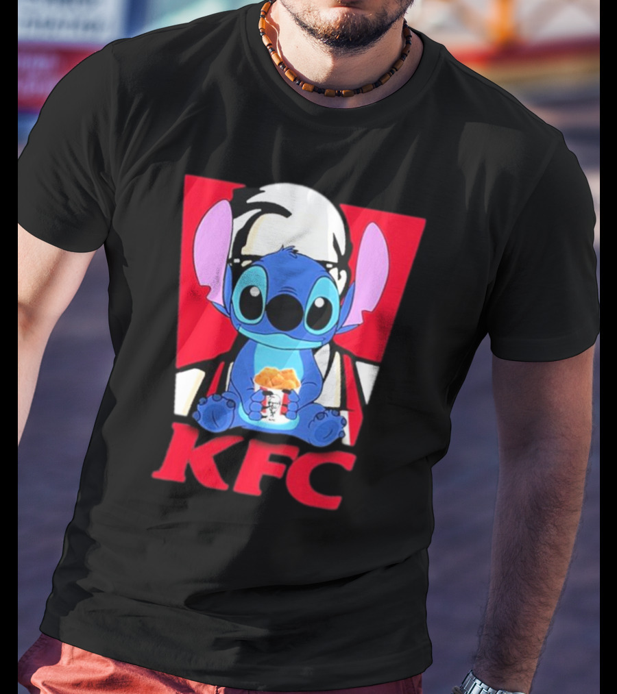 Stitch Eating KFC With Logo Background T-Shirt