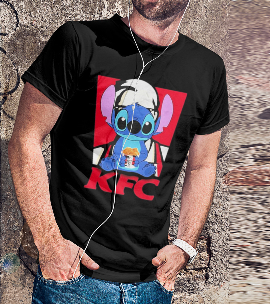 Stitch Eating KFC With Logo Background T-Shirt