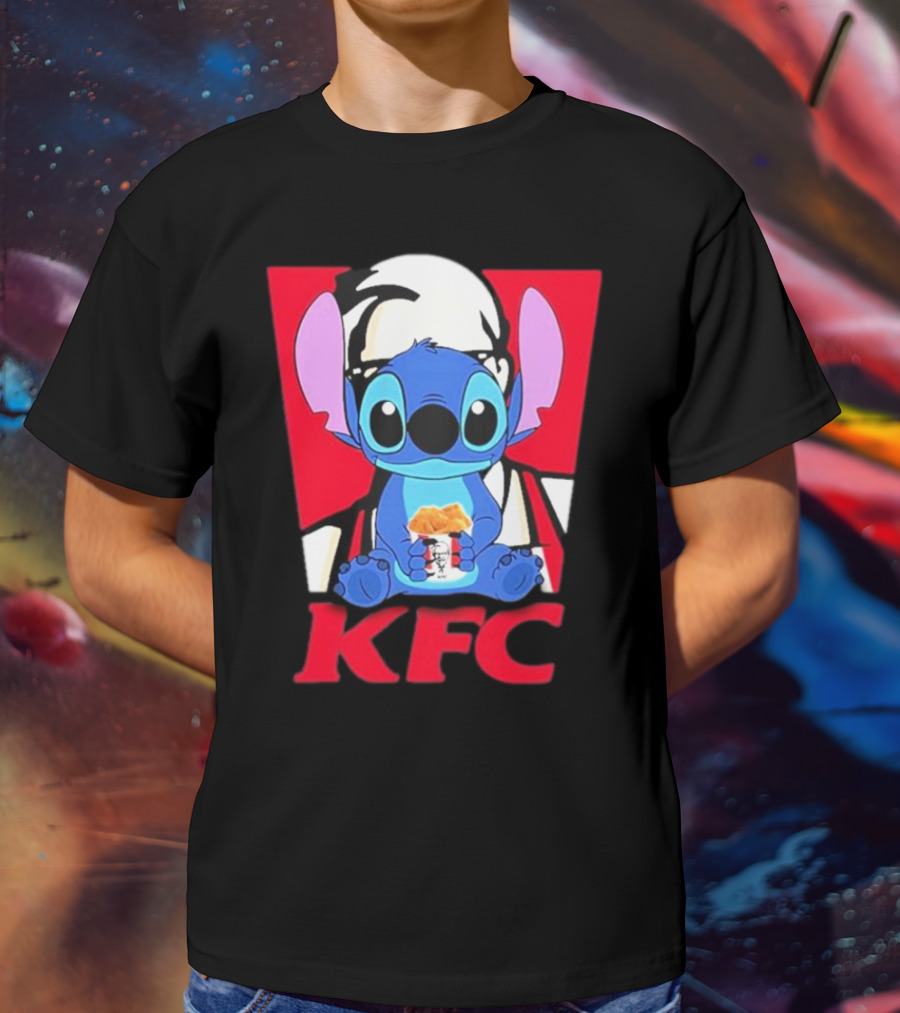 Stitch Eating KFC With Logo Background T-Shirt