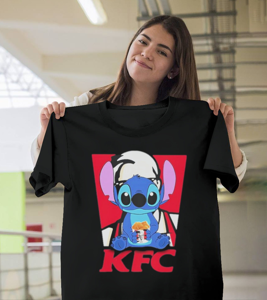 Stitch Eating KFC With Logo Background T-Shirt