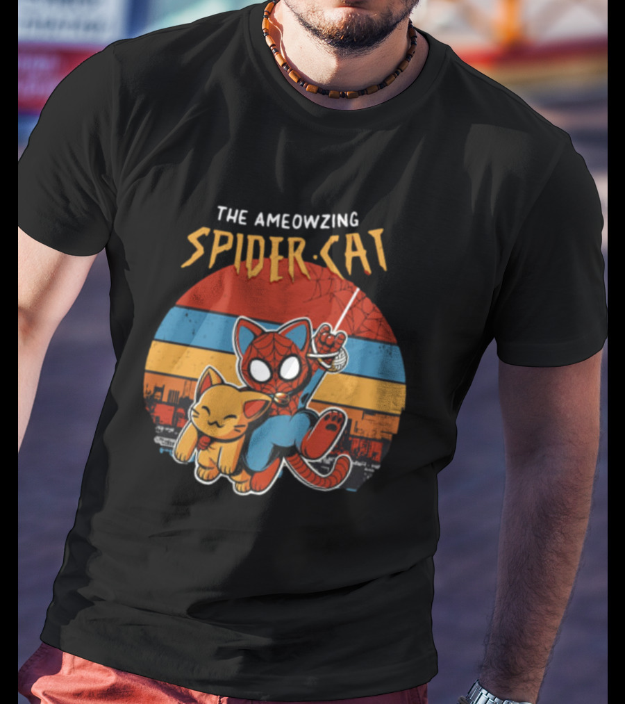 The Ameozing Spider Cat Retro Style Graphic With Web-Slinging Cat Superhero And Orange Cat Companion T-Shirt