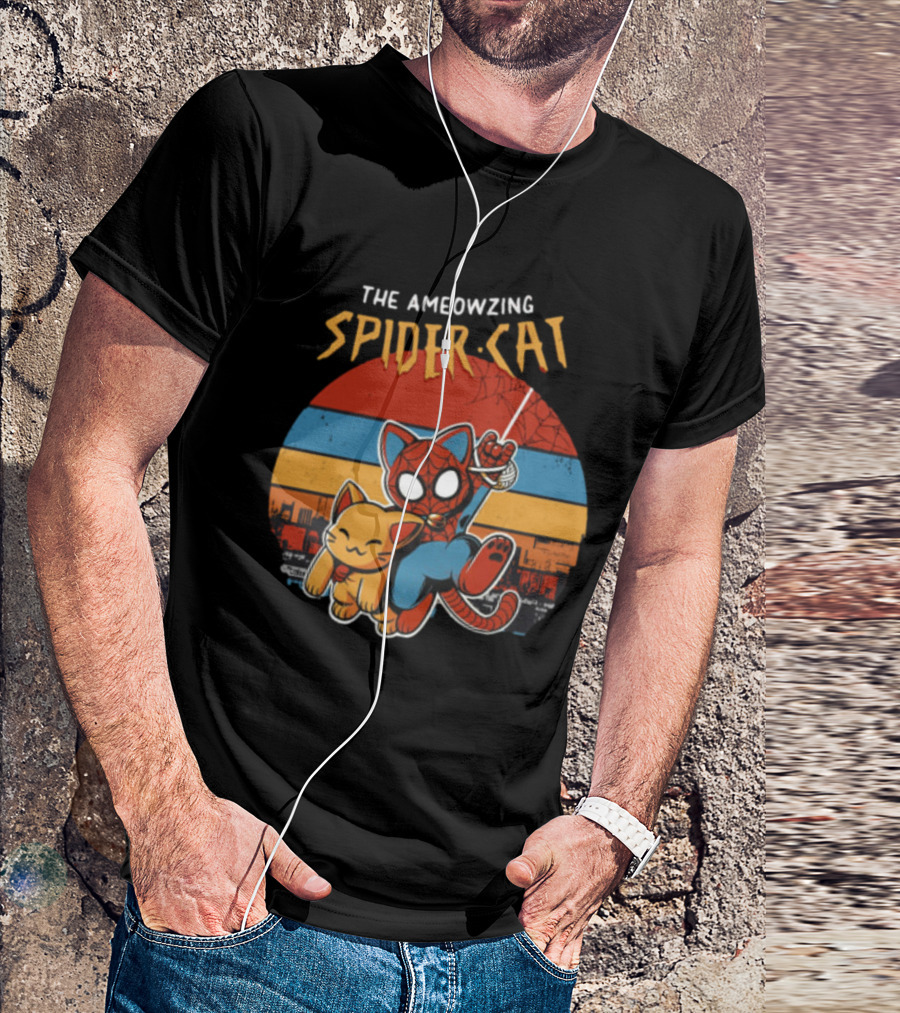 The Ameozing Spider Cat Retro Style Graphic With Web-Slinging Cat Superhero And Orange Cat Companion T-Shirt