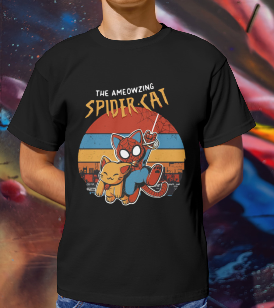 The Ameozing Spider Cat Retro Style Graphic With Web-Slinging Cat Superhero And Orange Cat Companion T-Shirt