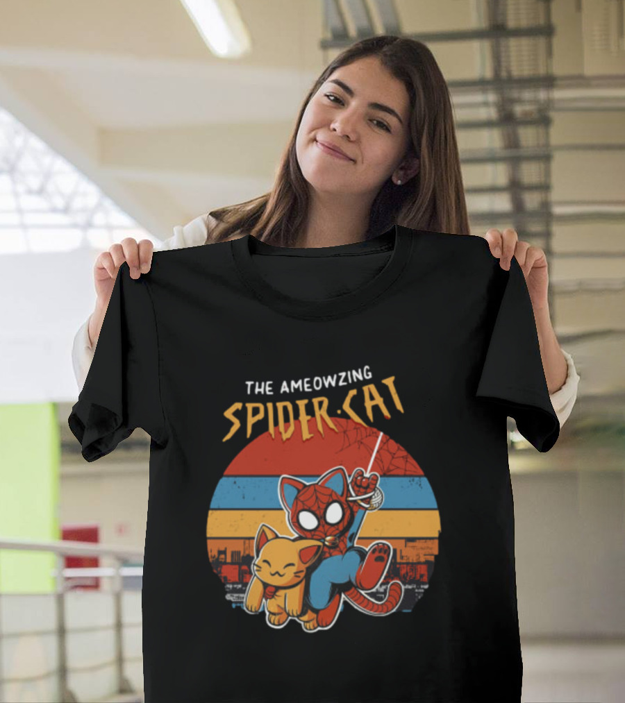 The Ameozing Spider Cat Retro Style Graphic With Web-Slinging Cat Superhero And Orange Cat Companion T-Shirt