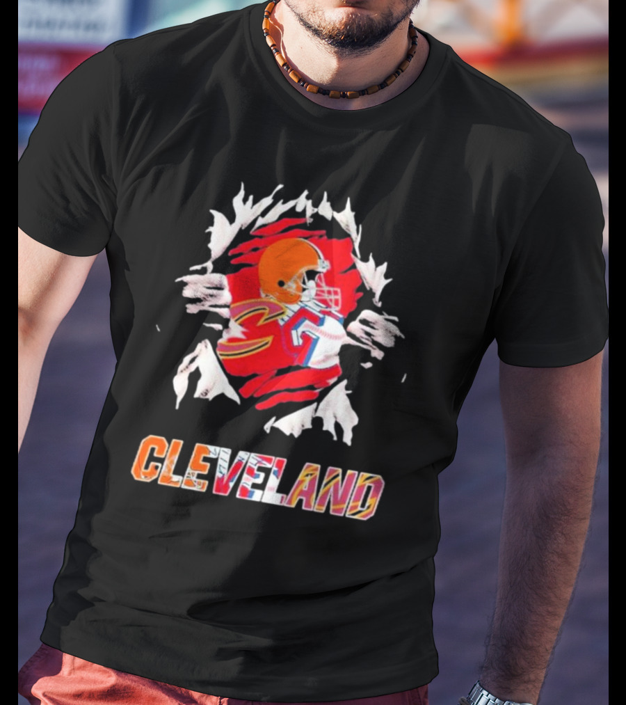 Cleveland Football Helmet And Jersey Inside Torn T-Shirt