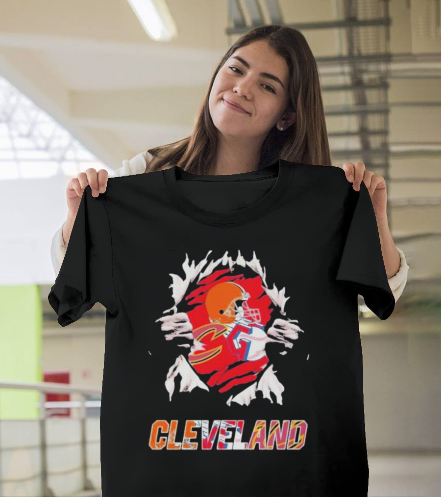 Cleveland Football Helmet And Jersey Inside Torn T-Shirt
