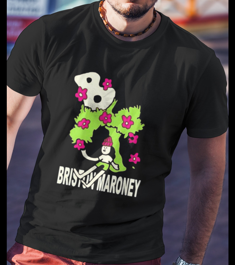 Briston Maroney Cartoon Character With Green Planet And Pink Flowers T-Shirt