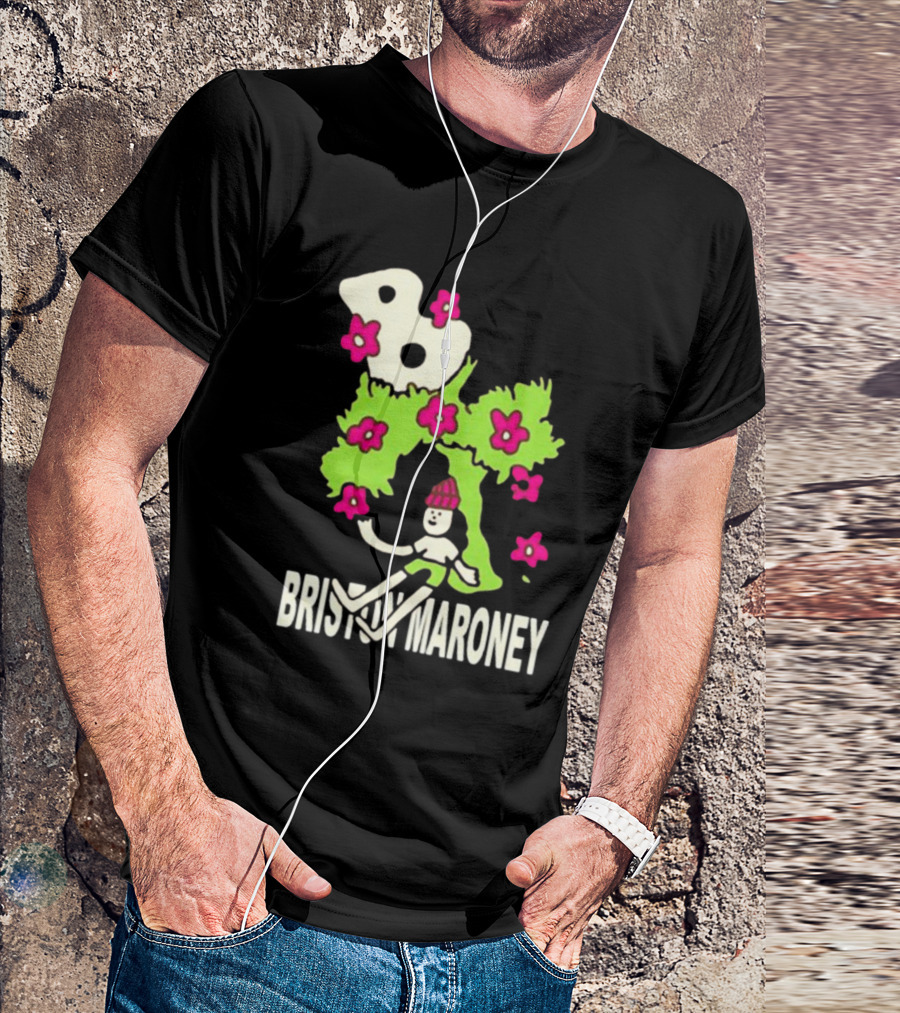 Briston Maroney Cartoon Character With Green Planet And Pink Flowers T-Shirt