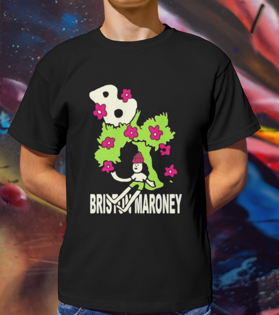 Briston Maroney Cartoon Character With Green Planet And Pink Flowers T-Shirt