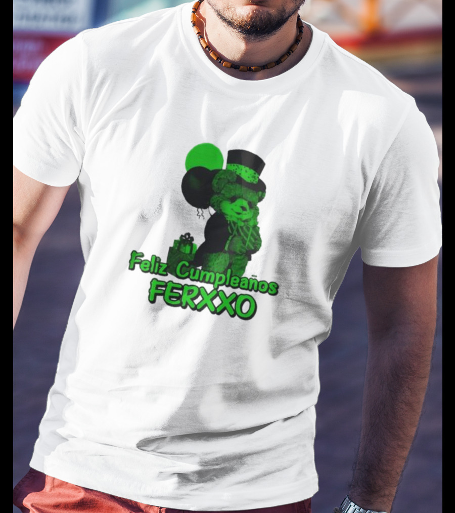 Feliz Cumpleaños Ferxxo Teddy Bear Green Balloons Black Top Hat T-Shirt