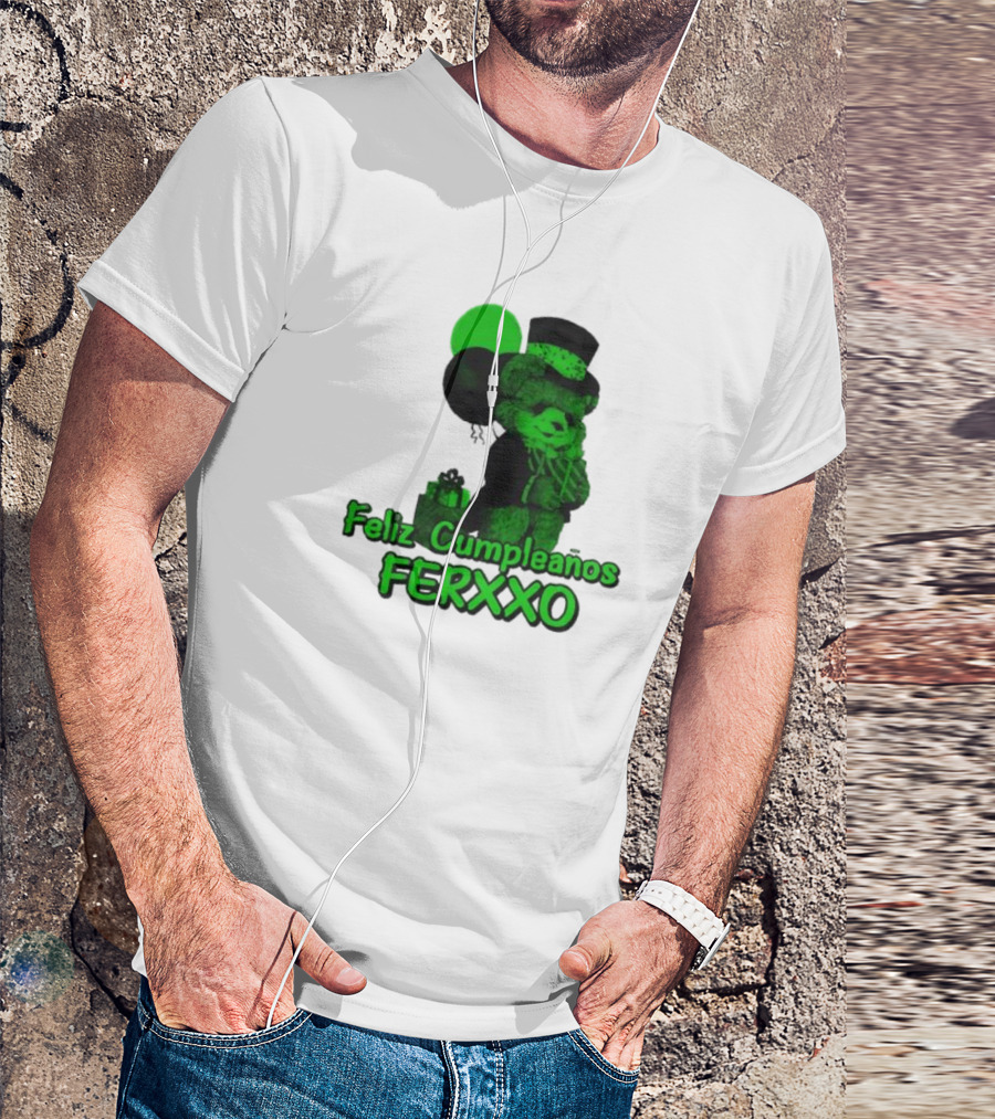 Feliz Cumpleaños Ferxxo Teddy Bear Green Balloons Black Top Hat T-Shirt