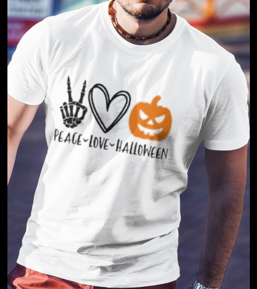Peace Love Halloween Skeleton Hand Heart Pumpkin T-Shirt