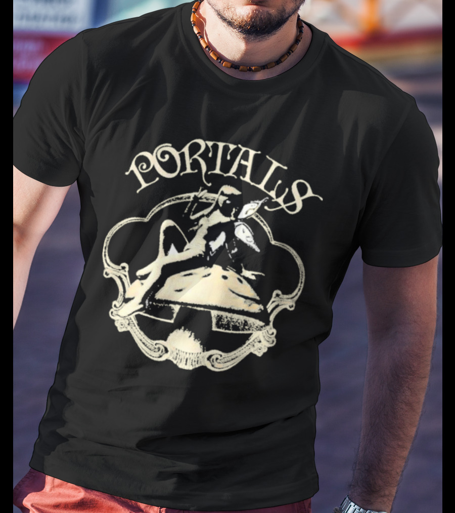 Portals Fairy Sitting On Mushroom With Wings And Scrollwork Elements T-Shirt