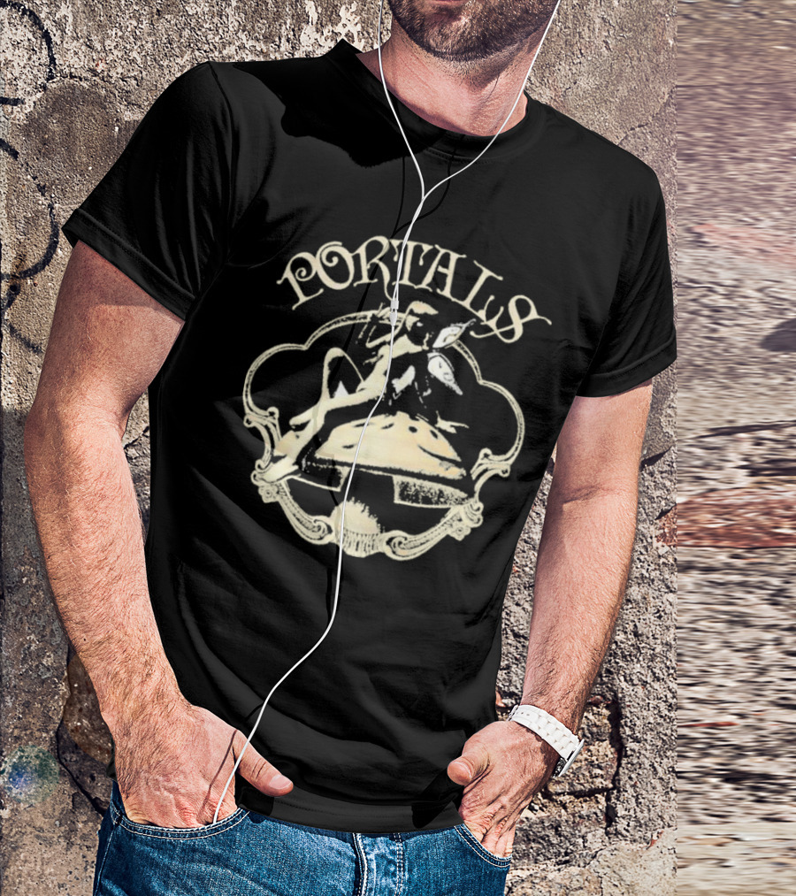 Portals Fairy Sitting On Mushroom With Wings And Scrollwork Elements T-Shirt