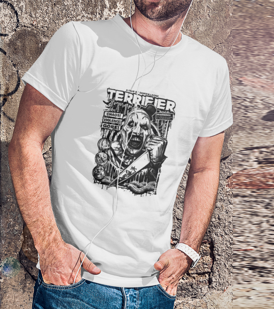 Terrifier Film Cover A Film By Damien Leone Clown Chaos Violence Gore Warning T-Shirt