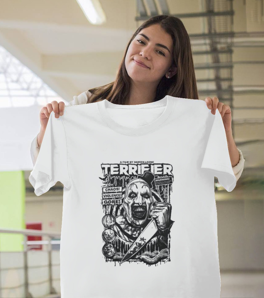 Terrifier Film Cover A Film By Damien Leone Clown Chaos Violence Gore Warning T-Shirt