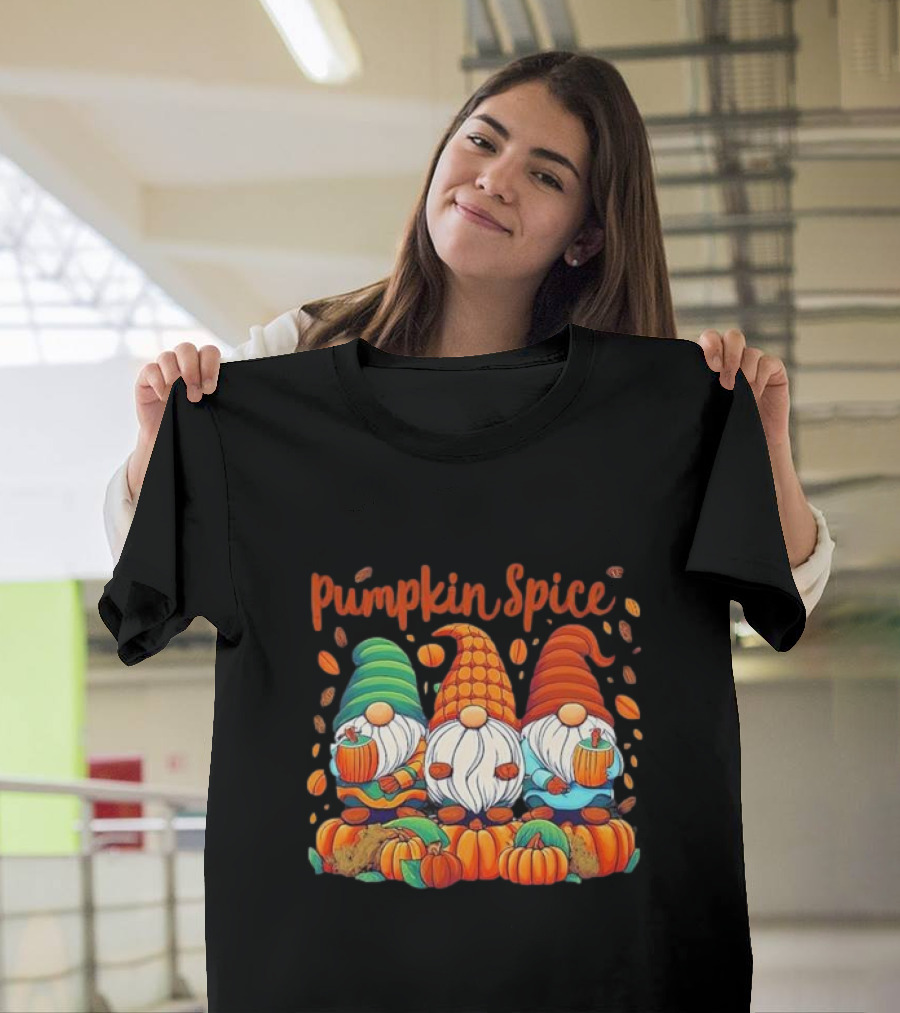 Pumpkin Spice Gnomes With Autumn Leaves And Pumpkins T-Shirt