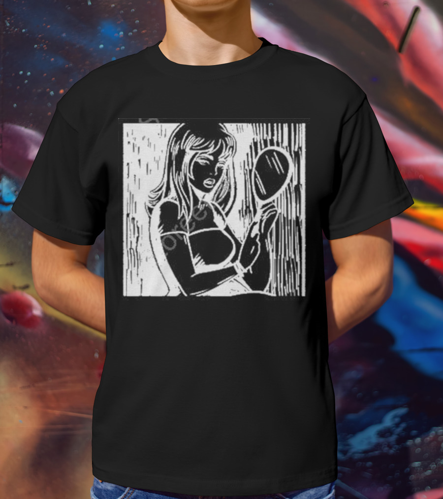 Billie Eilish Store Mirror Art Black And White Line Drawing Woman With Handheld Mirror T-Shirt